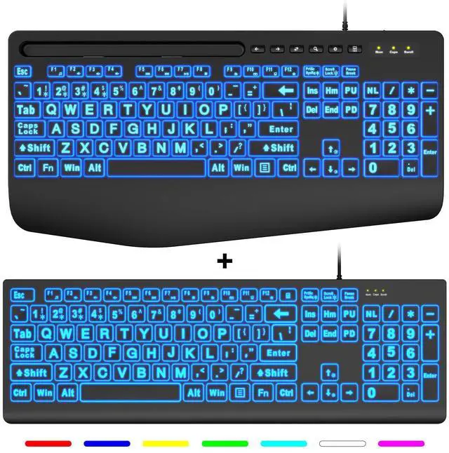 Main image of SABLUTE 2PCS Large Print Backlit Keyboard, Wired USB Lighted Computer Keyboards with 7-Color & 4 Modes Backlit,Oversize Letters Keys Easy to See and Type