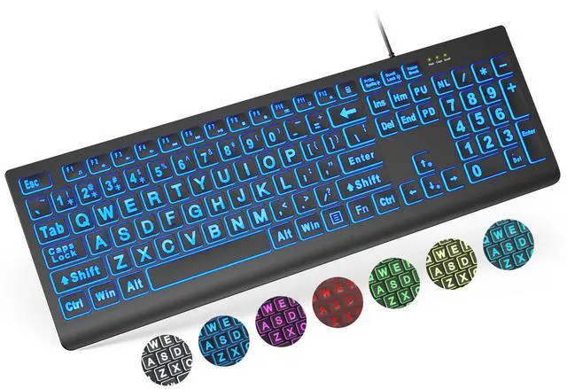 Alt view image 5 of 5 - SABLUTE 2PCS Large Print Backlit Keyboard, Wired USB Lighted Computer Keyboards with 7-Color & 4 Modes Backlit,Oversize Letters Keys Easy to See and Type