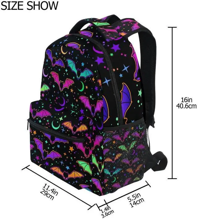 Alt view image 3 of 5 - Glaphy Halloween Rainbow Bats Backpack School Bookbag Lightweight Laptop Backpack for Men Women Kids