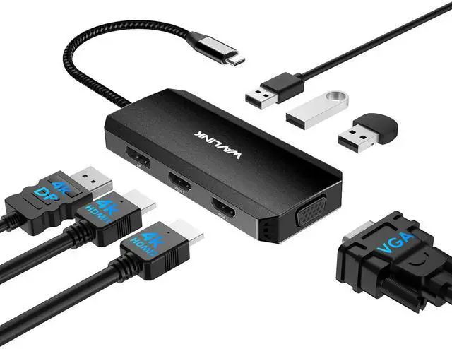 Main image of WAVLINK USB-C Docking Station for MacBook, Dell XPS, Lenovo Yoga, HP Laptops - Dual HDMI, DisplayPort, VGA, 3 USB 2.0 Ports, Black