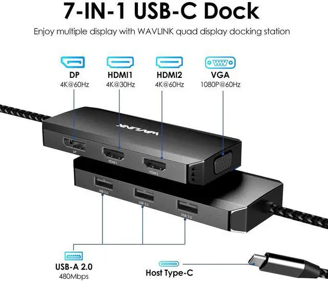 Alt view image 2 of 5 - WAVLINK USB-C Docking Station for MacBook, Dell XPS, Lenovo Yoga, HP Laptops - Dual HDMI, DisplayPort, VGA, 3 USB 2.0 Ports, Black