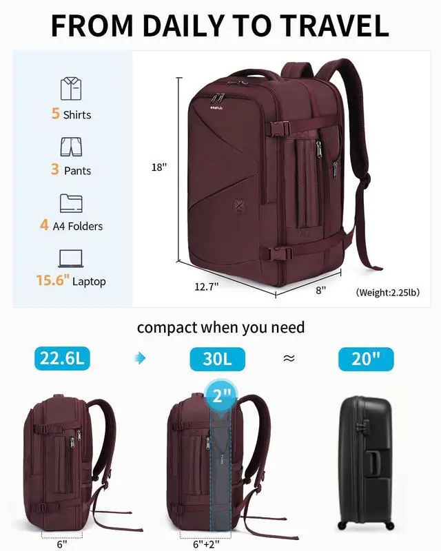 Alt view image 3 of 5 - ECOHUB Carry On Travel Backpack, Expandable Airlines Personal Item Bag 18x14x8, Water Resistant 17 inch Laptop Backpack Flight Approved, 12 Pockets 30L Work Backpacks with Wet Pocket & Cable Slot