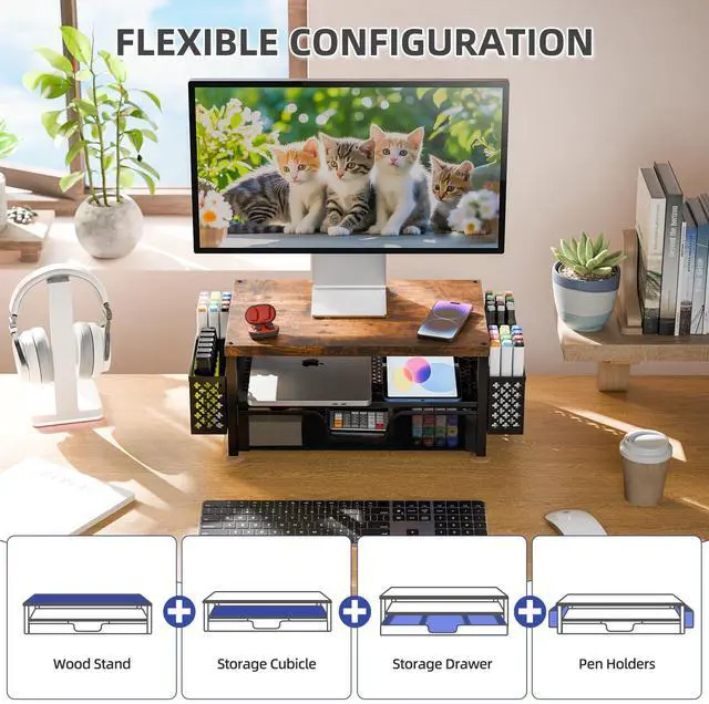 Alt view image 2 of 5 - Simple Trending 2 Tier Monitor Stand Riser, Wood Computer Desk Organizer with Drawer and Pen Holder for Laptop Office, iMac, Brown
