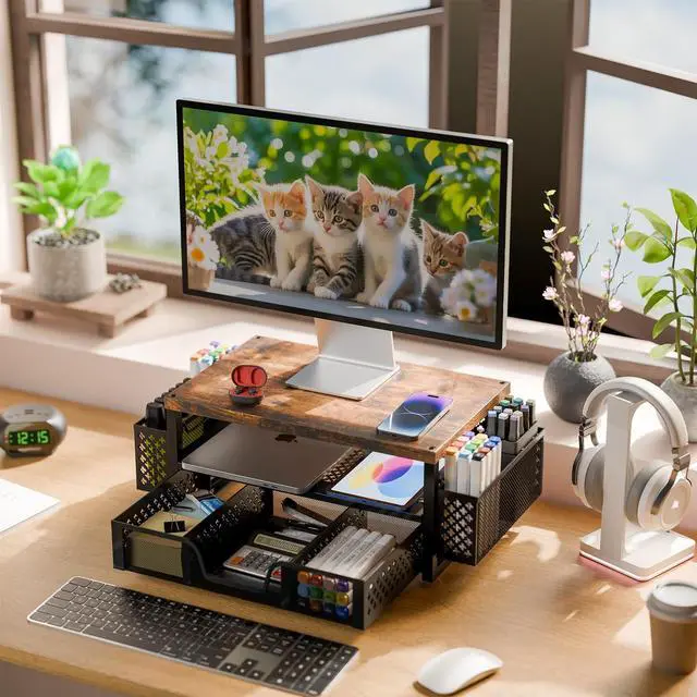 Alt view image 4 of 5 - Simple Trending 2 Tier Monitor Stand Riser, Wood Computer Desk Organizer with Drawer and Pen Holder for Laptop Office, iMac, Brown