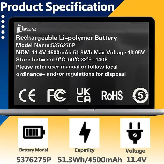 Alt view image 2 of 5 - TAVZENL 5376275P 51.3Wh Battery Replacement for Gateway GWNR71517-BK GWTN156-4PR GWTN156-5BL GWTN156-5BK GWTN141-10BK GWTN141-10 GWTN141-4bl GWTN141-10BL GWTN141-5BK GWTN141-2BL Series 11.4V 4500