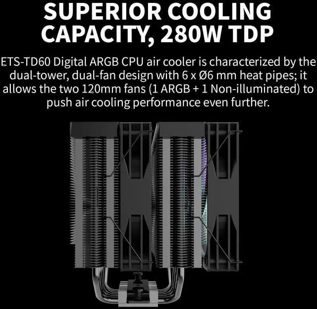 Alt view image 3 of 5 - Enermax TD60 Digital ARGB CPU Air Cooler 159mm Height All-Black CPU Air Cooler Double Tower 6 Heat Pipes with Dual 120mm PWM Fan 280W TDP, for Intel 1851/1700/1200/115X, AMD AM5/AM4