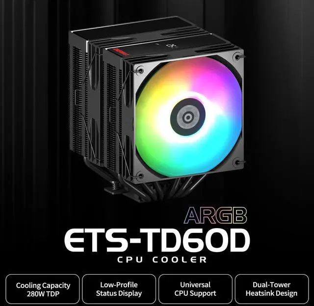 Alt view image 2 of 5 - Enermax TD60 Digital ARGB CPU Air Cooler 159mm Height All-Black CPU Air Cooler Double Tower 6 Heat Pipes with Dual 120mm PWM Fan 280W TDP, for Intel 1851/1700/1200/115X, AMD AM5/AM4