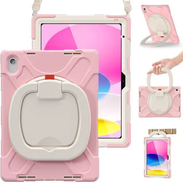 Main image of BRAECN Case for iPad (A16) 11th/10th Generation 11/10.9'' 2025/2022-Shockproof Silicone Cover w/Pencil Holder/360°Swivel Ring Stand/Handle Grip/Kickstand/Shoulder Strap/Screen Protector, Sakura Pink