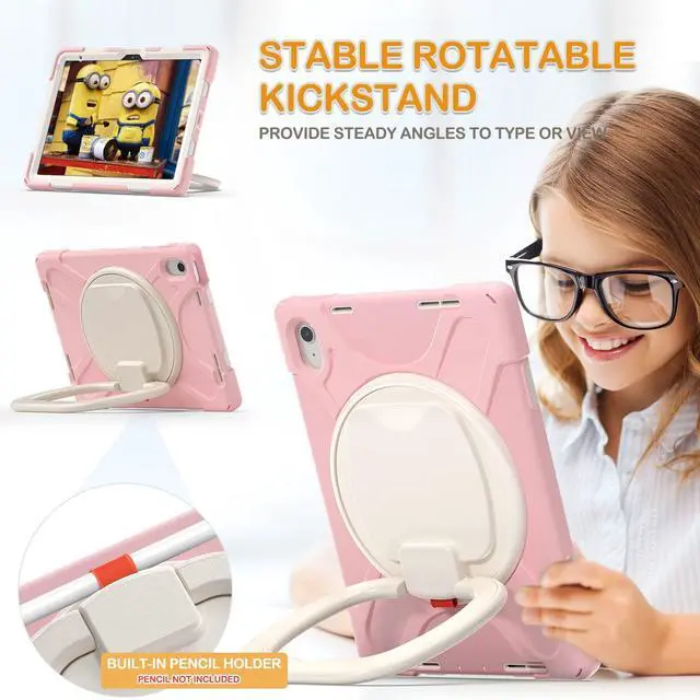 Alt view image 3 of 5 - BRAECN Case for iPad (A16) 11th/10th Generation 11/10.9'' 2025/2022-Shockproof Silicone Cover w/Pencil Holder/360°Swivel Ring Stand/Handle Grip/Kickstand/Shoulder Strap/Screen Protector, Sakura Pink