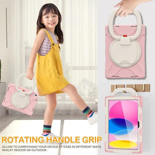 Alt view image 4 of 5 - BRAECN Case for iPad (A16) 11th/10th Generation 11/10.9'' 2025/2022-Shockproof Silicone Cover w/Pencil Holder/360°Swivel Ring Stand/Handle Grip/Kickstand/Shoulder Strap/Screen Protector, Sakura Pink