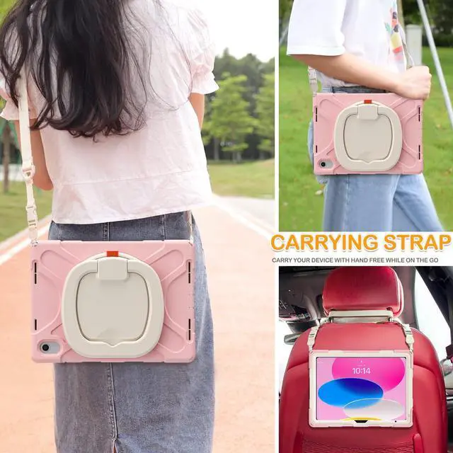 Alt view image 5 of 5 - BRAECN Case for iPad (A16) 11th/10th Generation 11/10.9'' 2025/2022-Shockproof Silicone Cover w/Pencil Holder/360°Swivel Ring Stand/Handle Grip/Kickstand/Shoulder Strap/Screen Protector, Sakura Pink