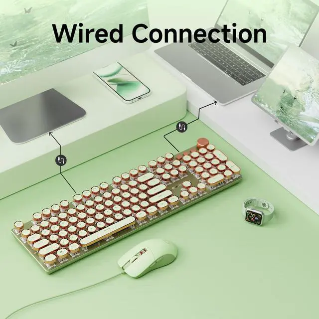 Alt view image 4 of 5 - EWEADN Wired Typewriterkeyboard and Mouse Combo, Typewriter Style Mechanical Gaming Keyboard,104 Keys Backlit LED Keyboards, Media Control Knob, Wired Keyboard Pink Switch for Windows/Mac/PC-Green