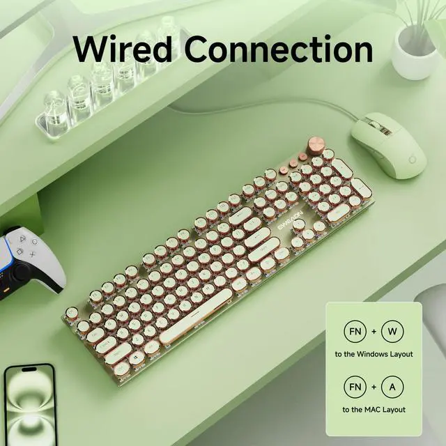 Alt view image 5 of 5 - EWEADN Wired Typewriterkeyboard and Mouse Combo, Typewriter Style Mechanical Gaming Keyboard,104 Keys Backlit LED Keyboards, Media Control Knob, Wired Keyboard Pink Switch for Windows/Mac/PC-Green
