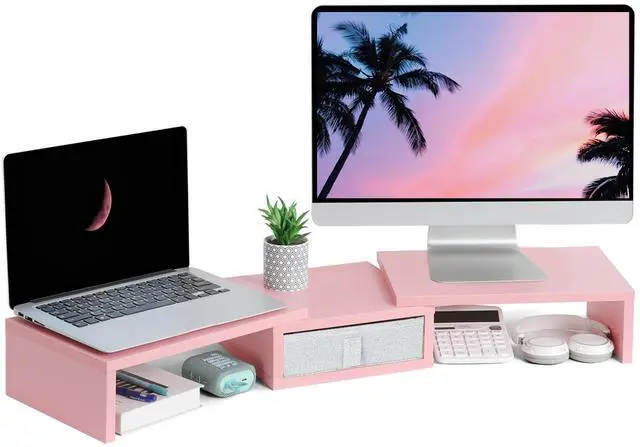 Main image of TEAMIX Pink Dual Monitor Stand Riser with Drawer - Length and Angle Adjustable Double Corner Desk Shelf Organizer 37 inch for 2 Laptop/PC/Screen/TV