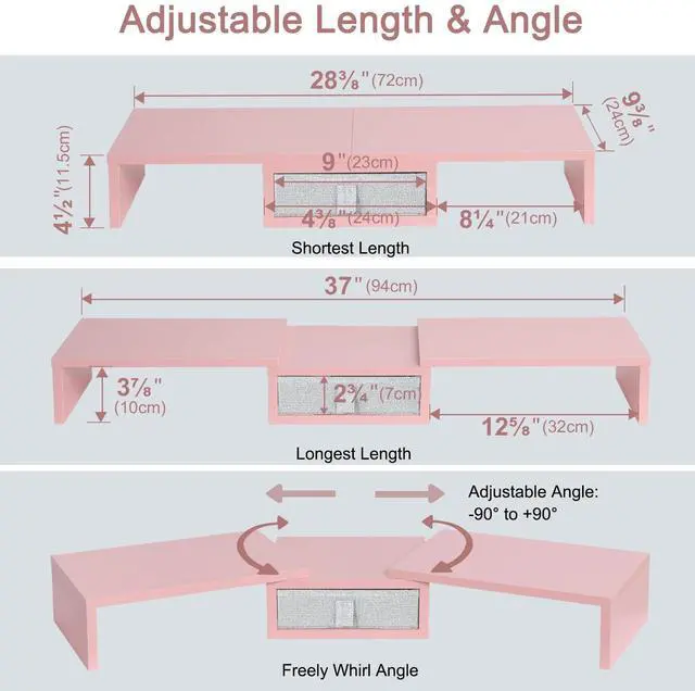 Alt view image 5 of 5 - TEAMIX Pink Dual Monitor Stand Riser with Drawer - Length and Angle Adjustable Double Corner Desk Shelf Organizer 37 inch for 2 Laptop/PC/Screen/TV