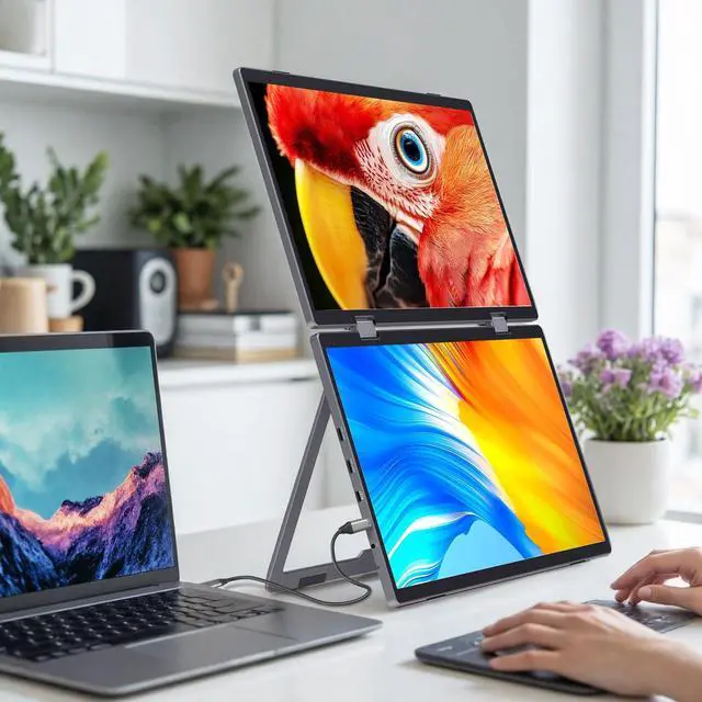 Alt view image 2 of 5 - 15.6" Triple Laptop Screen Extender,Metal Shell 15.6 Inch FHD Dual Monitors 1080P 360° Foldable 100% sRGB HDMI USB-C Stacked Portable Monitor for Laptop PC Windows Mac with Kickstand VESA Mountable