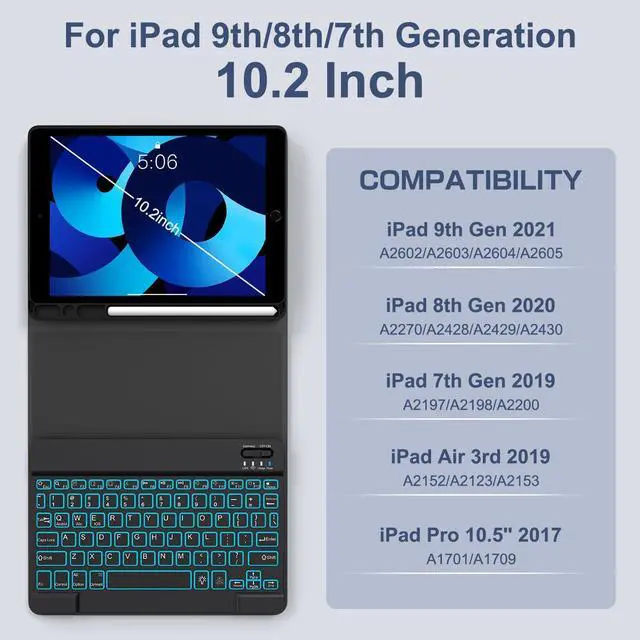 Alt view image 2 of 5 - YUNPLE for iPad 9th/8th/7th Generation Case with Keyboard 10.2" - 7 Color Backlit Wireless Detachable Keyboard Cover with Pencil Holder, Compatible with iPad Pro 10.5/Air 3rd Gen (Dark Blue)