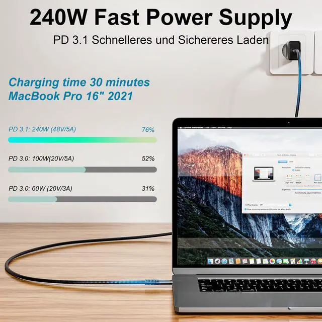 Alt view image 5 of 5 - HOTUTUKI 240W for USB 4 Long Cable 6.6 ft, Support 8K@60Hz, 4K@144Hz 40Gbps/240W PD Charging Compatible with Thunderbolt 4/3 iPhone 15 Pro/15 Pro Max, MacBook Pro, Docking, eGPU, SSD, Surface Pro