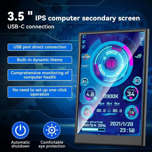 Alt view image 2 of 5 - Ransanx 3.5 Inch IPS USB Mini Screen No Installation AIDA64 Pc Case Screen Computer Temp Monitor PC Temperature Display with Stand, USB Cable, Manual