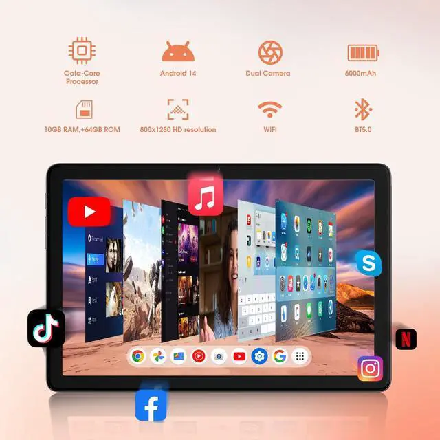 Alt view image 2 of 5 - Tablet 10.1-inch Android 14 Tablet - 10GB RAM, 64GB + 256GB Expandable Storage, Octa-Core Processor, 8-Hour Battery, HD 800 x 1280 IPS Touchscreen, Wi-Fi 5 | Bluetooth 5.0, Dual Cameras - Light Blue