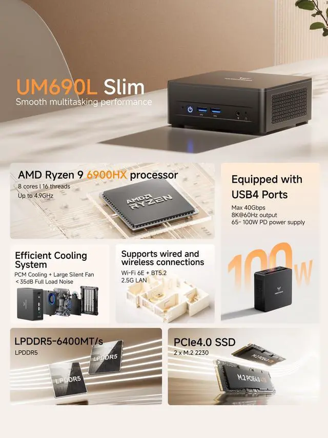 Alt view image 4 of 5 - MINISFORUM UM690L Slim Mini PC, AMD Ryzen 9 6900HX Mini Computer (8C/16T, up to 4.9 GHz), 32 GB LPDDR5 and 1 TB PCIe 4.0 SSD, DP/HDMI 2.1/USB 4, 4 x USB Type-A, WiFi 6E/BT 5.3