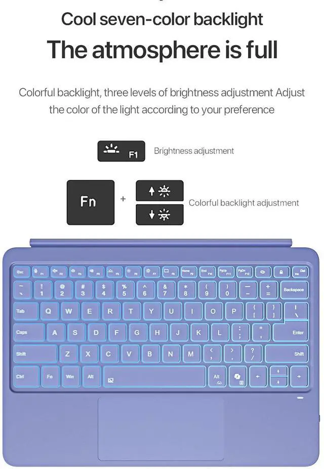 Alt view image 4 of 5 - Junfire Detachable Keyboard for Microsoft Surface Pro 12  7-Color Backlit Wireless Keyboard with Touchpad, 14 Shortcut Keys, 30H Battery  Magnetic & Slim Design, Purple