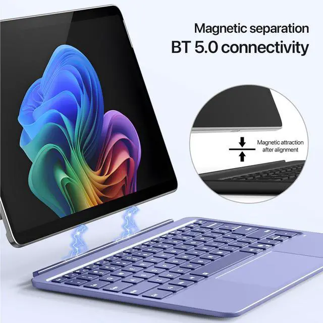 Alt view image 5 of 5 - Junfire Detachable Keyboard for Microsoft Surface Pro 12  7-Color Backlit Wireless Keyboard with Touchpad, 14 Shortcut Keys, 30H Battery  Magnetic & Slim Design, Purple