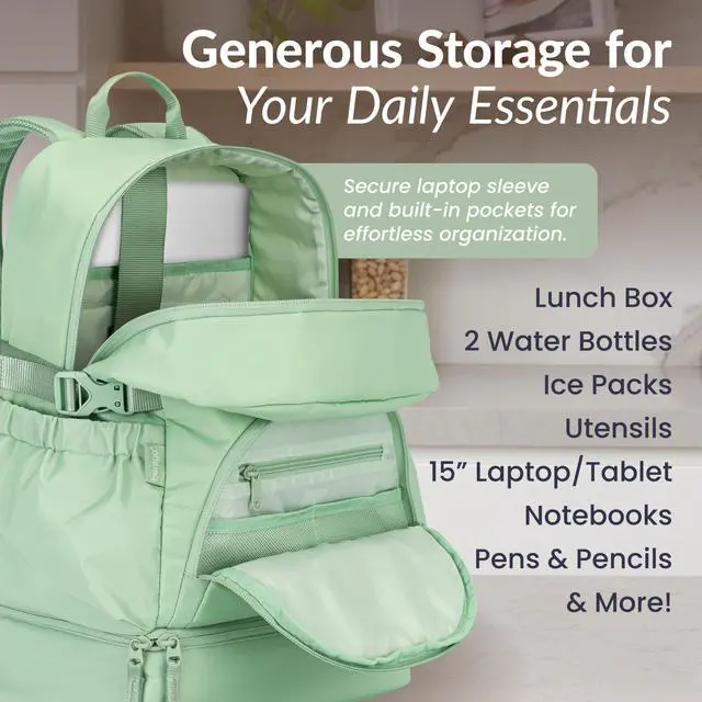 Alt view image 3 of 5 - Bentgo 2-in-1 Adult Backpack & Insulated Lunch Bag  Lightweight, Water-Resistant Travel Backpack with 9 Compartments, Laptop Sleeve & Trolley Sleeve for Work & Everyday Use (Clay Green)