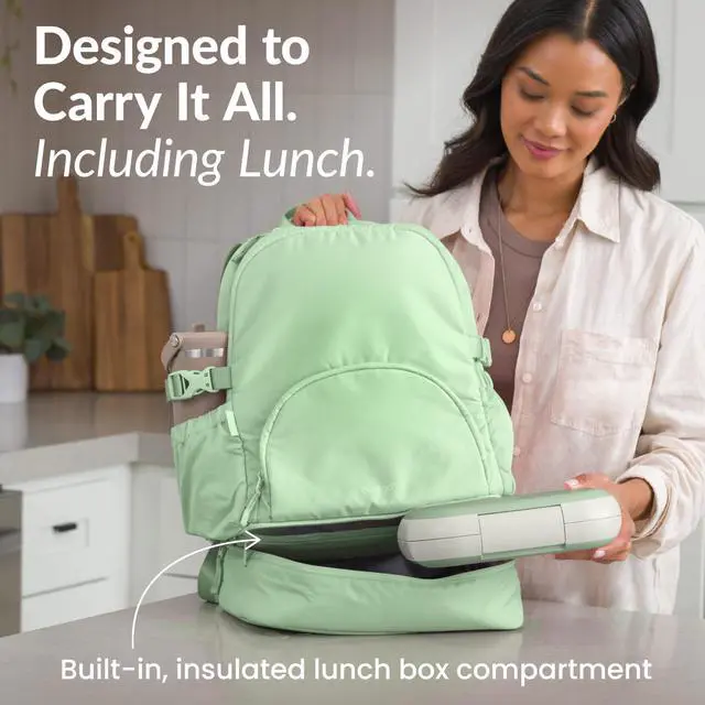 Alt view image 2 of 5 - Bentgo 2-in-1 Adult Backpack & Insulated Lunch Bag  Lightweight, Water-Resistant Travel Backpack with 9 Compartments, Laptop Sleeve & Trolley Sleeve for Work & Everyday Use (Clay Green)