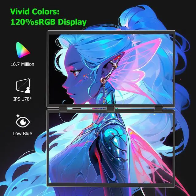 Alt view image 2 of 5 - odmenot 18.5" 120Hz Dual Portable Monitor 120% sRGB 1080P HDR Extender Folding Stacked Display for Windows Mac Work Gaming Office Triple Screens W/Stand & VESA for Laptop PCNo Driver (185)