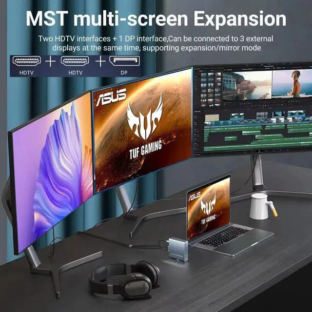 Alt view image 2 of 5 - Docking Station for Asus TUF Gaming A17 A18 A15 A16 A14 F15 F16 F17 Dash 15 F15 Gaming Laptop,15-in-1 USB C with 360 ° Rotating Base, 2*4K HDMI and 1*DP, 10Gbps USB Port Transfer, RJ45, Audio, SD/TF