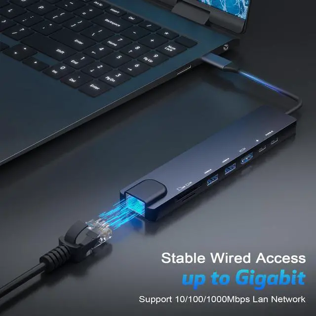 Alt view image 3 of 5 - 8 in 1 USB C HUB, 4K HDMI, Gigabit Ethernet Multiport Hub, 5Gbps USB C and 2 USB A Data Ports, PD 100W Charging, SD/TF Card Reader, Pilot Lamp, for MacBook, Dell, HP, Lenovo, Surface ...