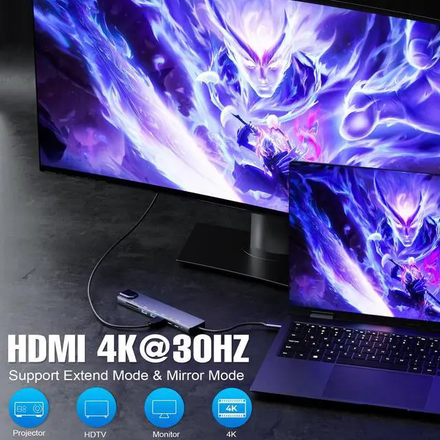 Alt view image 4 of 5 - 8 in 1 USB C HUB, 4K HDMI, Gigabit Ethernet Multiport Hub, 5Gbps USB C and 2 USB A Data Ports, PD 100W Charging, SD/TF Card Reader, Pilot Lamp, for MacBook, Dell, HP, Lenovo, Surface ...