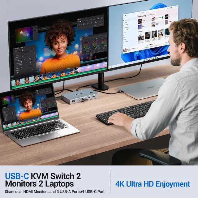 Alt view image 3 of 5 - USB C KVM Switch 2 Monitors 2 Laptops, 4K@60Hz USB C Dual Monitor KVM Switch for 2 laptops to Share 2 Monitor and 4 USB3.0 Devices, 80W PD Charging, Wired Remote and Cables Included