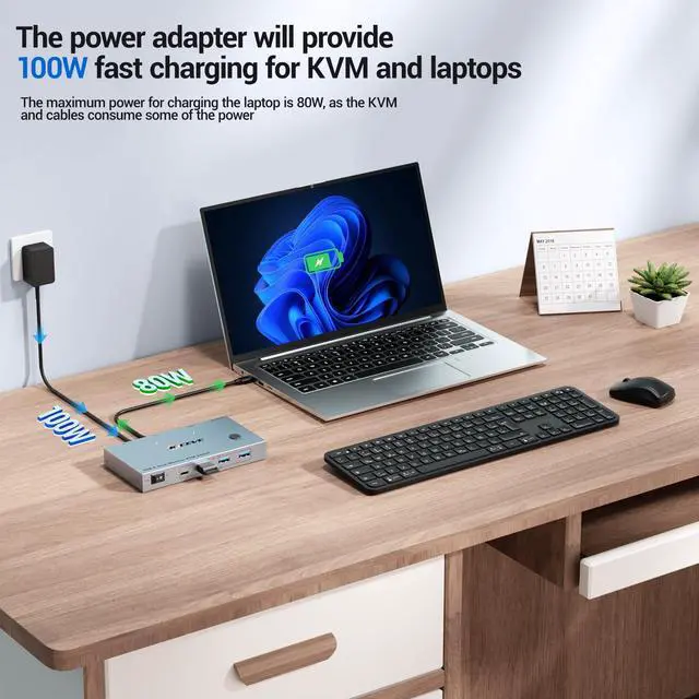 Alt view image 5 of 5 - USB C KVM Switch 2 Monitors 2 Laptops, 4K@60Hz USB C Dual Monitor KVM Switch for 2 laptops to Share 2 Monitor and 4 USB3.0 Devices, 80W PD Charging, Wired Remote and Cables Included