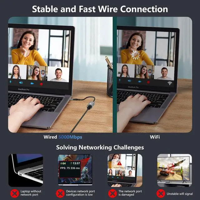 Alt view image 2 of 5 - tiavalmax USB C to Ethernet Internet Adapter 5Gbps, 2-in-1 Aluminum USB 3.0 Type A/Type C to RJ45 LAN Network Adapter Compatible with Nintendo Switch,Smrtphone, Laptop, PC, MacBook,Windows,macOS,Linux