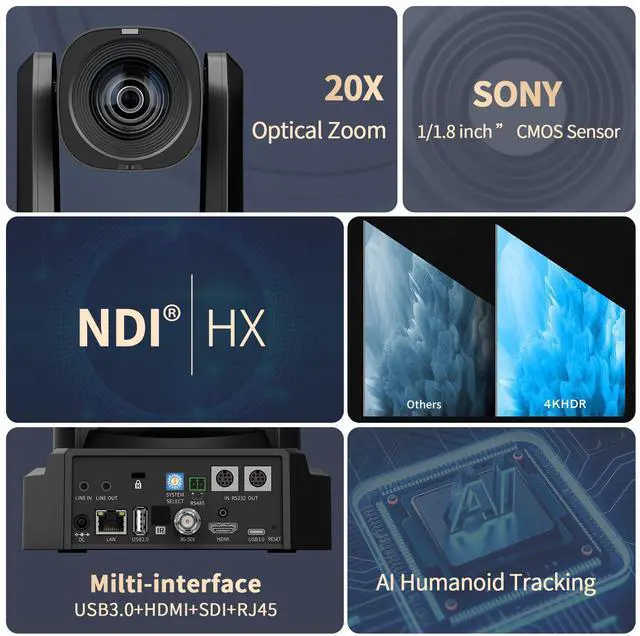 Alt view image 4 of 5 - HCSTVCON 4K NDI PTZ Camera, 20X Optical Zoom AI Auto-Tracking NDI|HX2 Camera with USB3.0 3G-SDI HDMI LAN Outputs, Works with Zoom,OBS,TikTok,YouTube,etc