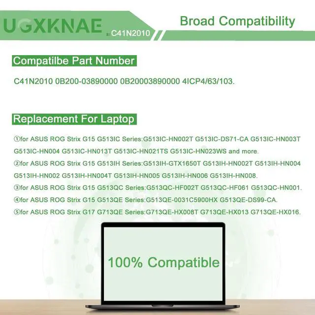 Alt view image 5 of 5 - UGXKNAE C41N2010 Laptop Battery Replacement for ASUS ROG G15 G513IC G513IH G513QC G513QE G17 G713QE G513IC-HN055T G513QC-HF002T G513IH-HN086T G513QE-HN010T G713QE-RB74 G513QE-WH96 Series Notebook