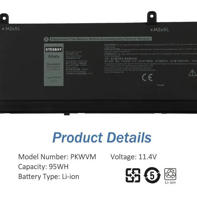 Alt view image 5 of 5 - ETESBAY PKWVM Laptop Battery Replacement for Dell Precision 7550 7560 7750 7760 Mobile Workstation P44E P93F P44E001 P44E002 P93F001 P93F002 C903V CR72X 0CR72X 0447VR 068N03 453-BBCQ 11.4V 95WH