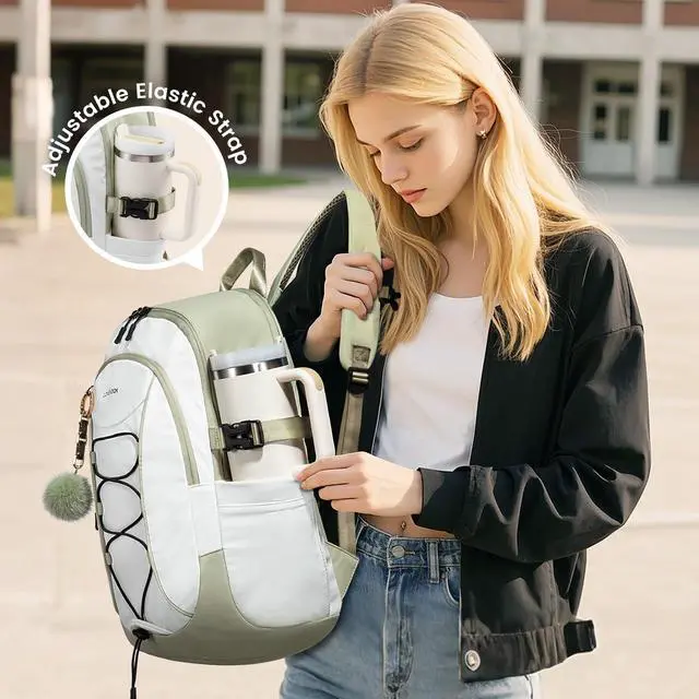 Alt view image 2 of 5 - LOVEVOOK Laptop Backpack for Women with Pouch Pocket for Large Capacity Cup,17 Inch Work Computer Laptop Bag College Teacher Backpack Purse,Lightweight Travel Hiking Overnight Bag,White-Bean Green