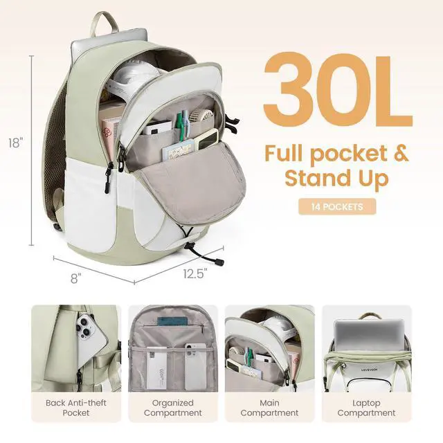 Alt view image 3 of 5 - LOVEVOOK Laptop Backpack for Women with Pouch Pocket for Large Capacity Cup,17 Inch Work Computer Laptop Bag College Teacher Backpack Purse,Lightweight Travel Hiking Overnight Bag,White-Bean Green