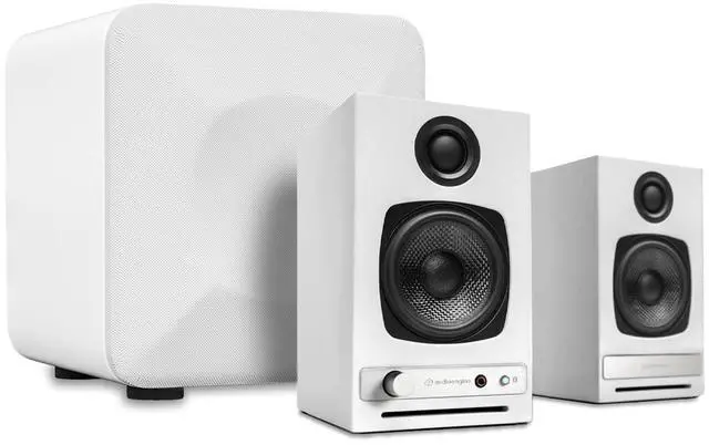 Main image of Audioengine A2 HD (HD3) White 60 Watt Pc Speakers for Desktop and S6 White Subwoofer for Music Gaming Movies Studios Dorms Bedrooms Offices