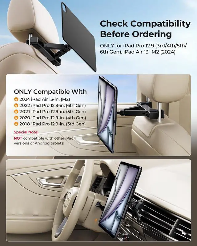 Alt view image 2 of 5 - KU XIU Magnetic iPad Holder for Car Headrest,Backseat Tablet Car Mount for for iPad Pro 12.9, iPad Air 13 M2/M3, Road Trip Essentials for Kids, Tablet Car Holder for iPad Pro 12.9 3rd/4th/5th/6th