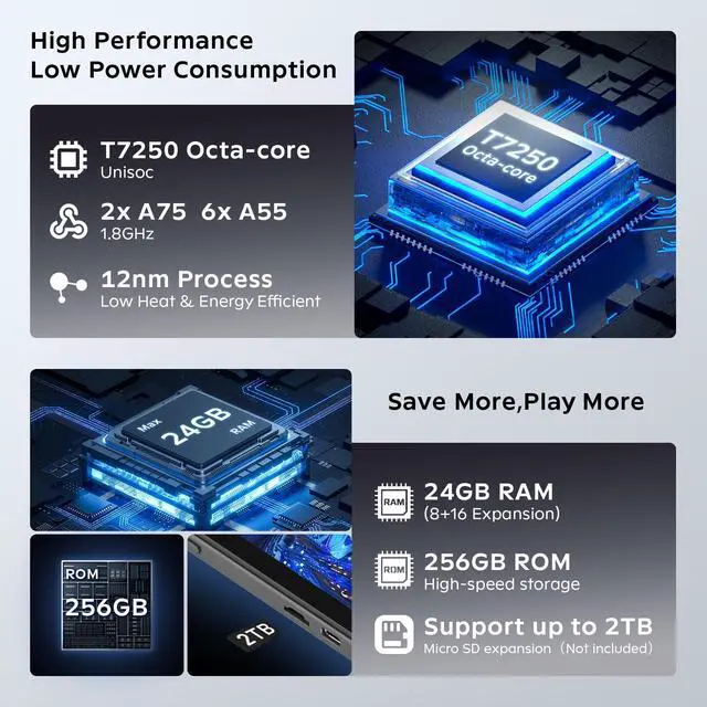 Alt view image 5 of 5 - Android 16 Tablet 11 Inch with Gemini AI, T7250 Octa-Core, 24GB RAM + 256GB ROM /2TB TF, 16MP+8MP, 1920x1200 IPS HD Display, 8000mAh, Widevine L1, GPS, 2 in 1 Tablets with Keyboard Mouse Stylus