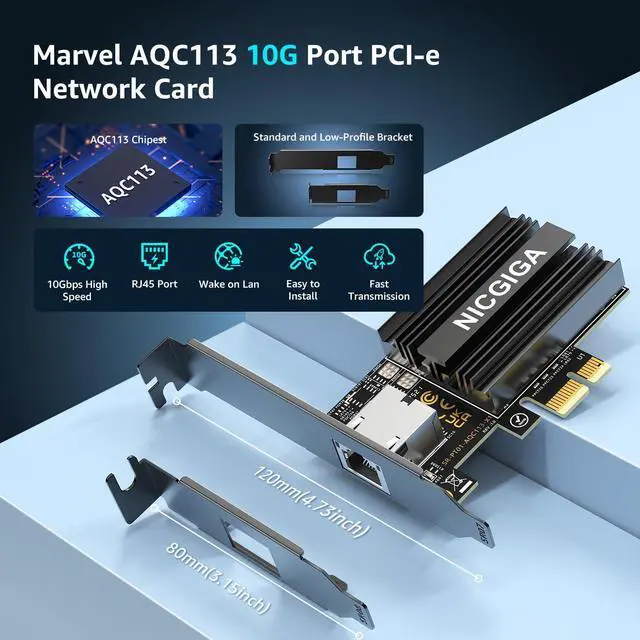 Alt view image 4 of 5 - 2025 New 10G Base-T PCI-e4.0 X1 Network Card, Marvell AQC113 Controller, NICGIGA 10Gb Ethernet Adapter Support WOL, 10Gbe RJ45 Port NIC Card, Windows10/11/Windows Server/Linux