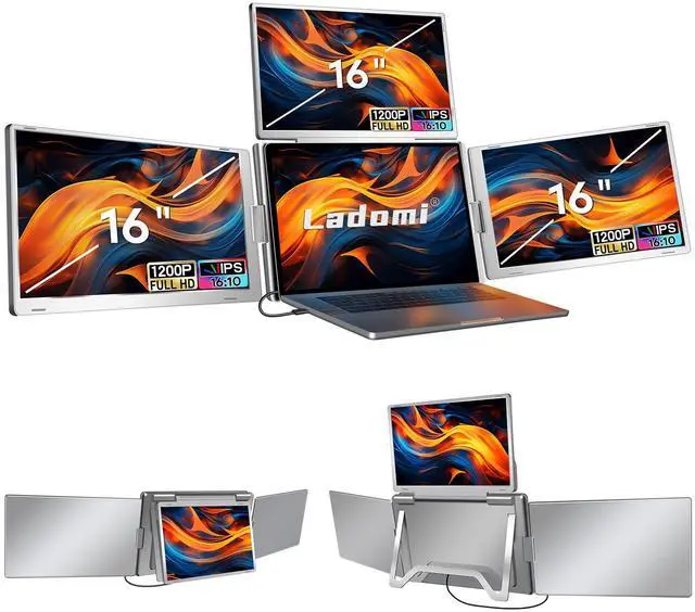 Main image of Ladomi 16" Laptop Screen Extender, Just 1 Cable for 3 Screens Quad Monitor, 1200P FHD Screen Extender for 12"-18.5" Laptops, Triple Portable Monitor for Wins/Mac M1|M2|M3|M4|M5