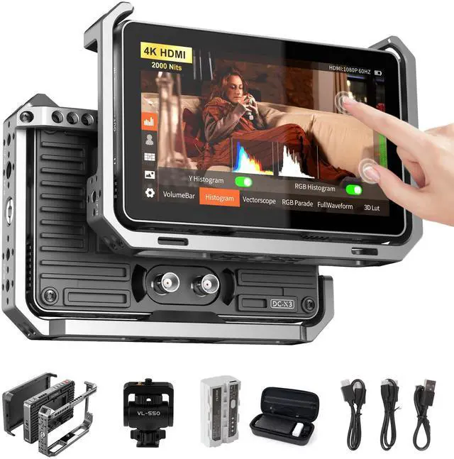 Main image of VILTROX DC-X3 2000 Nits SDI Camera Field Monitor Kit with Rig Cage, 4K HDMI 6" Touchscreen On Camera Video Monitor w Sunshade Hood/Battery, 3D Lut 1920X1080 HD Full Waveform Focus Peaking VectorScope