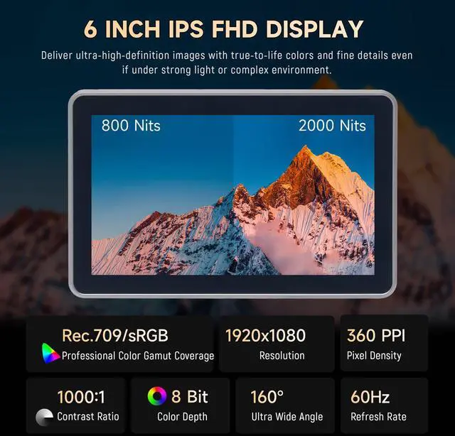 Alt view image 3 of 5 - VILTROX DC-X3 2000 Nits SDI Camera Field Monitor Kit with Rig Cage, 4K HDMI 6" Touchscreen On Camera Video Monitor w Sunshade Hood/Battery, 3D Lut 1920X1080 HD Full Waveform Focus Peaking VectorScope