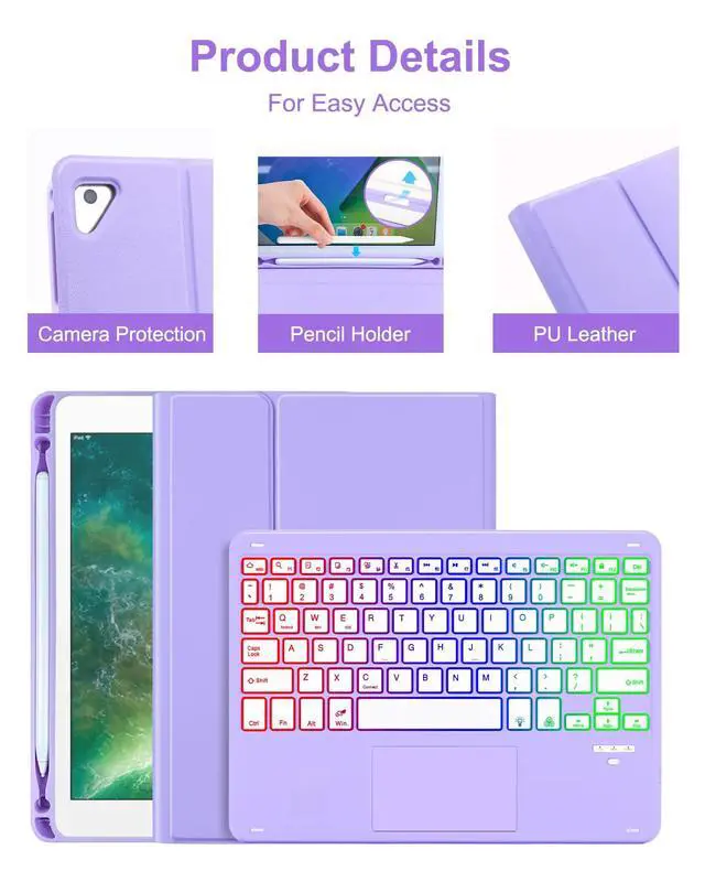 Alt view image 3 of 5 - MePadKey Touchpad Keyboard Case for iPad 6th 2018/5th Generation 2017 9.7 inch, 7-Color Backlight Type-C Charging Keyboard with Pencil Holder Cover Fit iPad Air 2/Pro 9.7 (Purple)