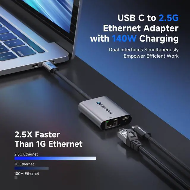 Alt view image 2 of 5 - Cable Matters USB C to 2.5Gb Ethernet Adapter with 140W Charging, 2.5 Gigabit Network Speed, USB C to Ethernet Adapter Compatible with USB4, Thunderbolt 4/5, MacBook, Laptop, and USBC Devices
